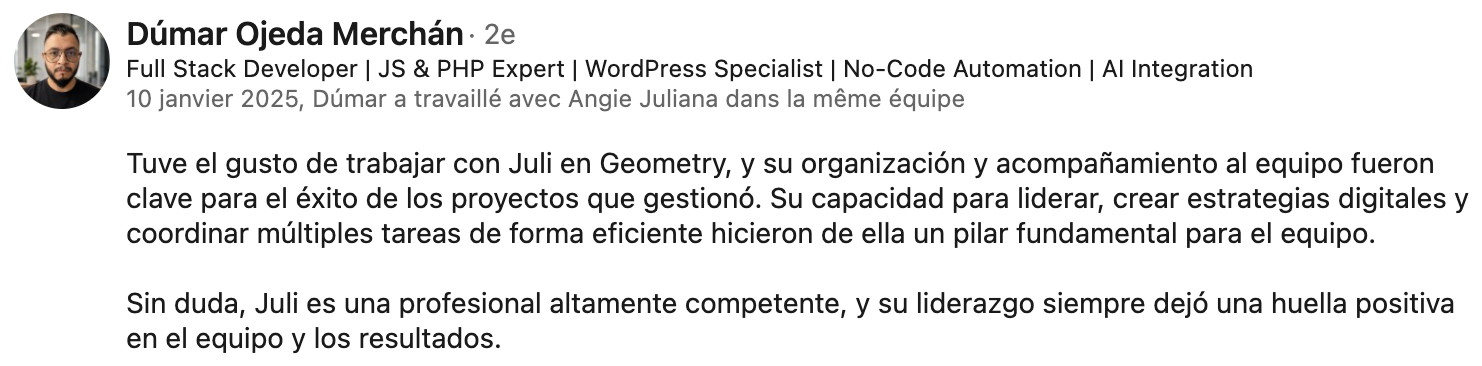Recomendación de Dúmar Ojeda Merchán en LinkedIn