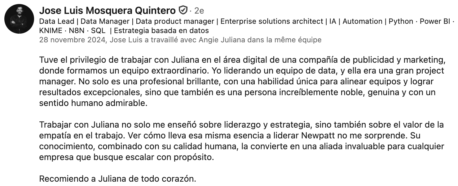 Recomendación de Jose Luis Mosquera Quintero en LinkedIn